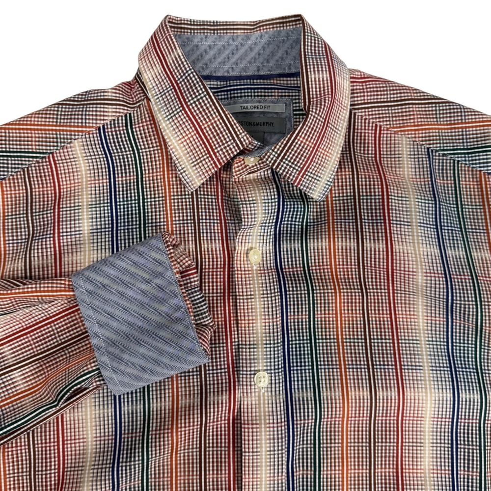 Johnston & Murphy Mens M Tailored Fit Plaid Button Down Shirt Flip Cuff Cotton